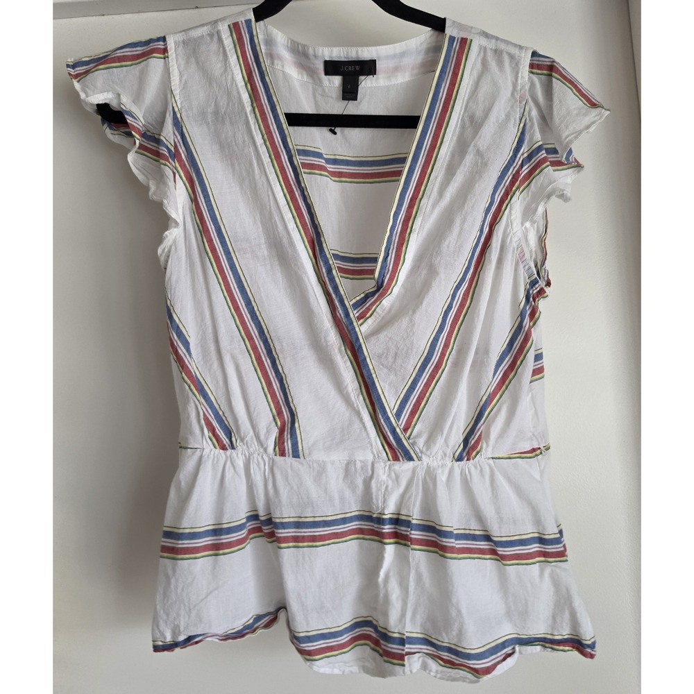 J.Crew Women's Size 6 Striped V-Neck Short Sleeve Blouse Top White Blue Red